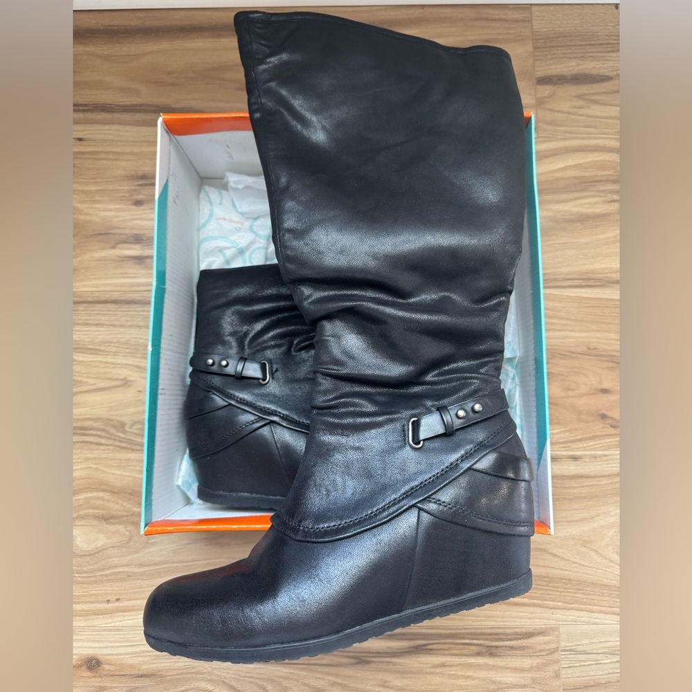 Women's Baretraps Black Tesa Wedge Wide Calf Boots Size 8.5 NEW NIB Faux Leather